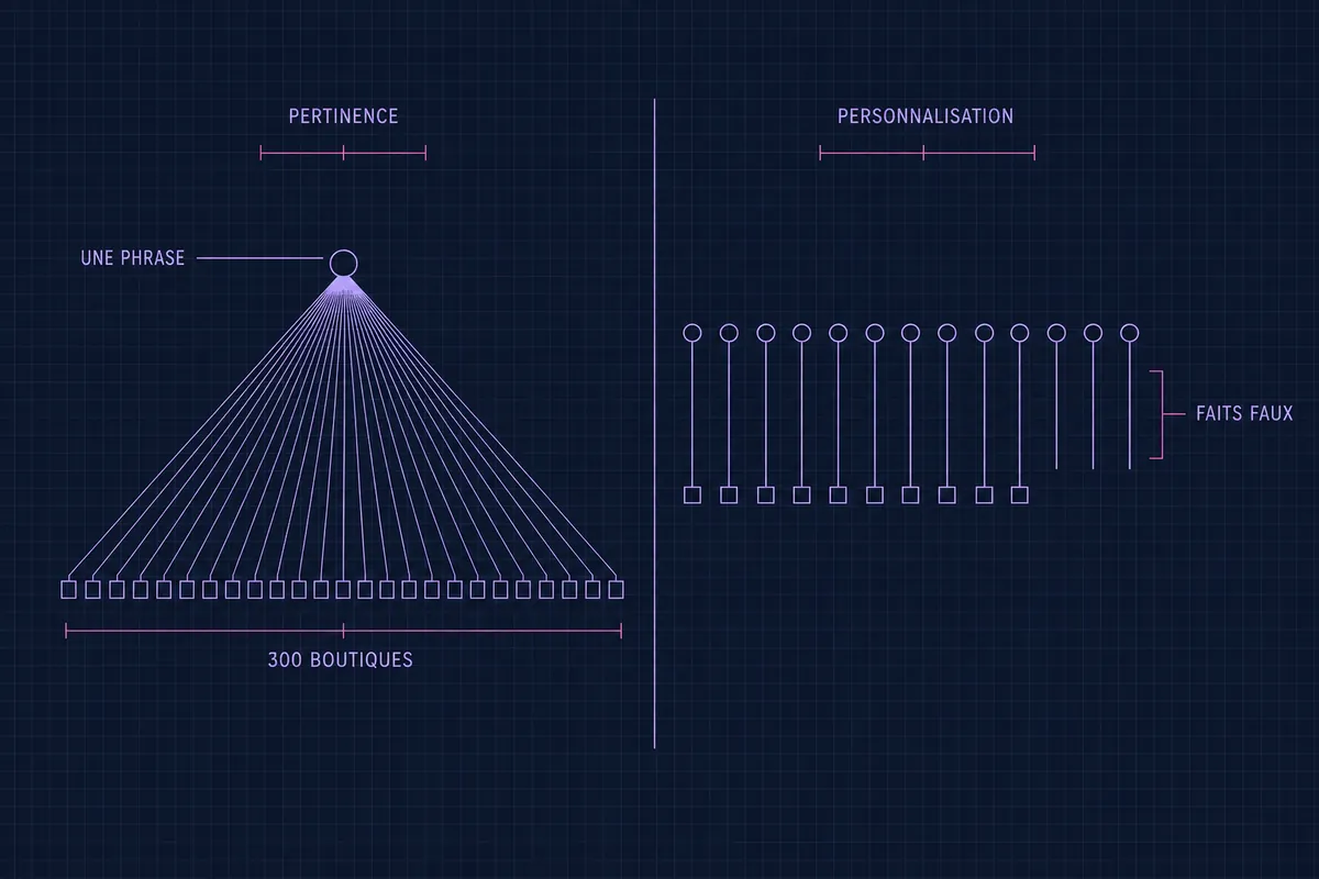 Schéma en blueprint opposant la pertinence — une phrase qui se déploie vers 300 boutiques — et la personnalisation, où chaque boutique est câblée séparément et où trois liaisons pendent dans le vide, marquées faits faux.