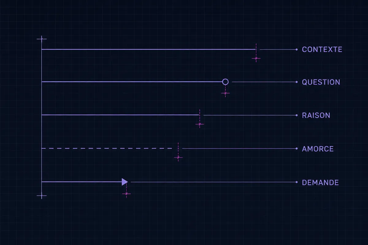 Schéma en blueprint de cinq barres de longueur décroissante marquées contexte, question, raison, amorce et demande, la barre amorce tracée en pointillés et la barre demande se terminant par une pointe de flèche.