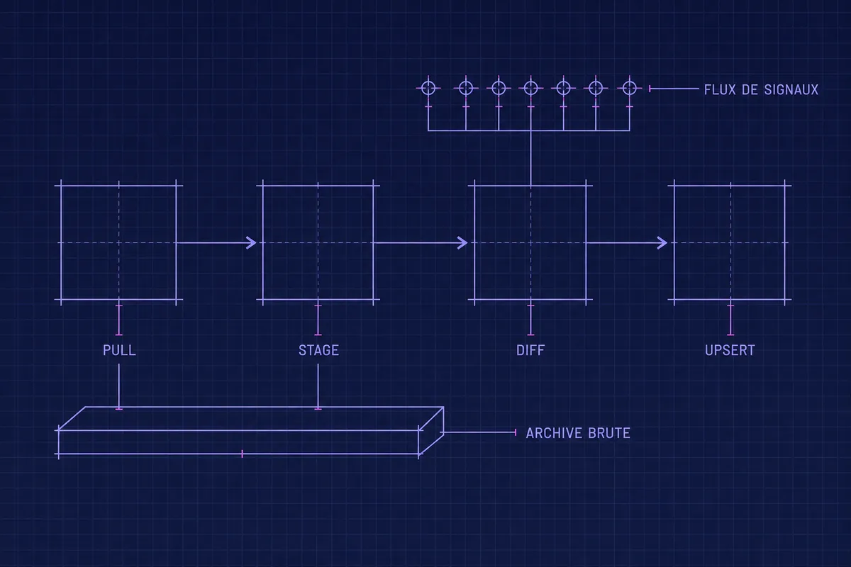 Schéma bleu d’un pipeline en quatre étapes marquées pull, stage, diff et upsert, avec une archive brute posée en dessous et un flux de signaux qui bifurque vers le haut depuis l’étape diff.