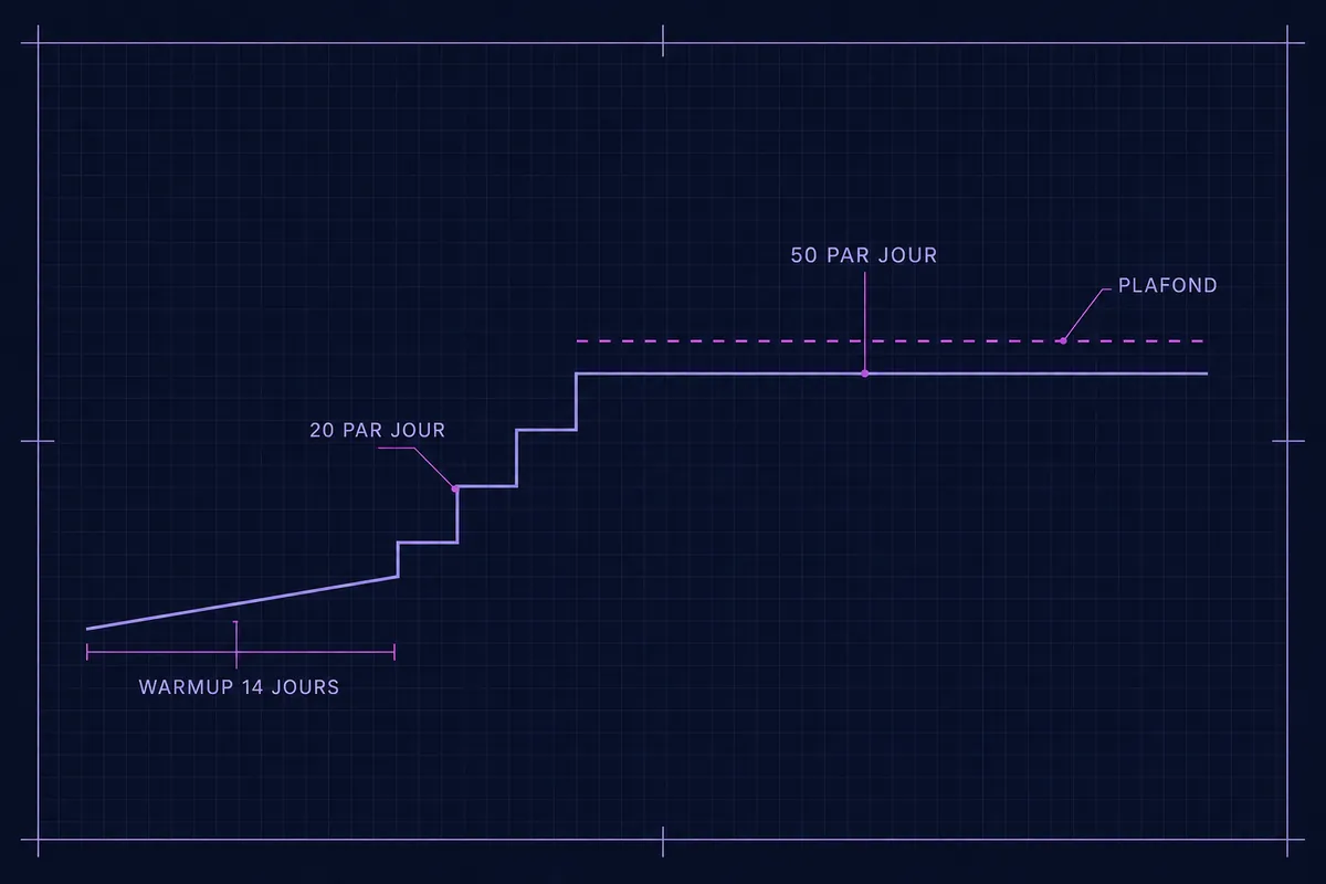 Schéma en blueprint d’une rampe de warmup de quatorze jours grimpant en quatre marches depuis vingt par jour jusqu’à un plateau plat à cinquante par jour, sous une ligne de plafond en pointillés.