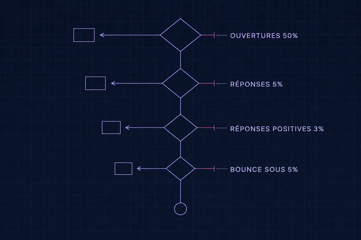 Schéma en blueprint de quatre losanges de décision enchaînés verticalement — ouvertures 50 %, réponses 5 %, réponses positives 3 %, bounce sous 5 % — chacun se ramifiant vers un petit rectangle à gauche.