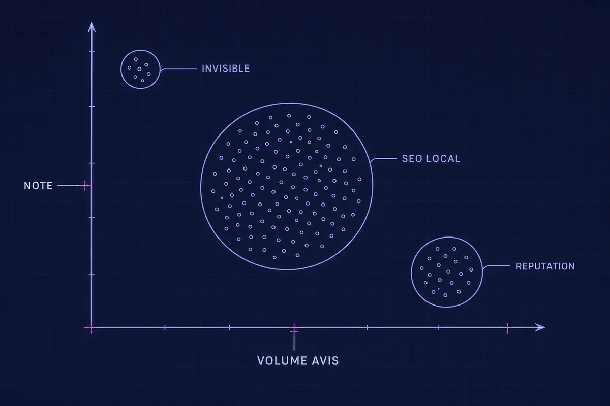 Nuage de points blueprint de la note en fonction du volume d’avis, avec trois groupes entourés : invisible, réputation et SEO local.