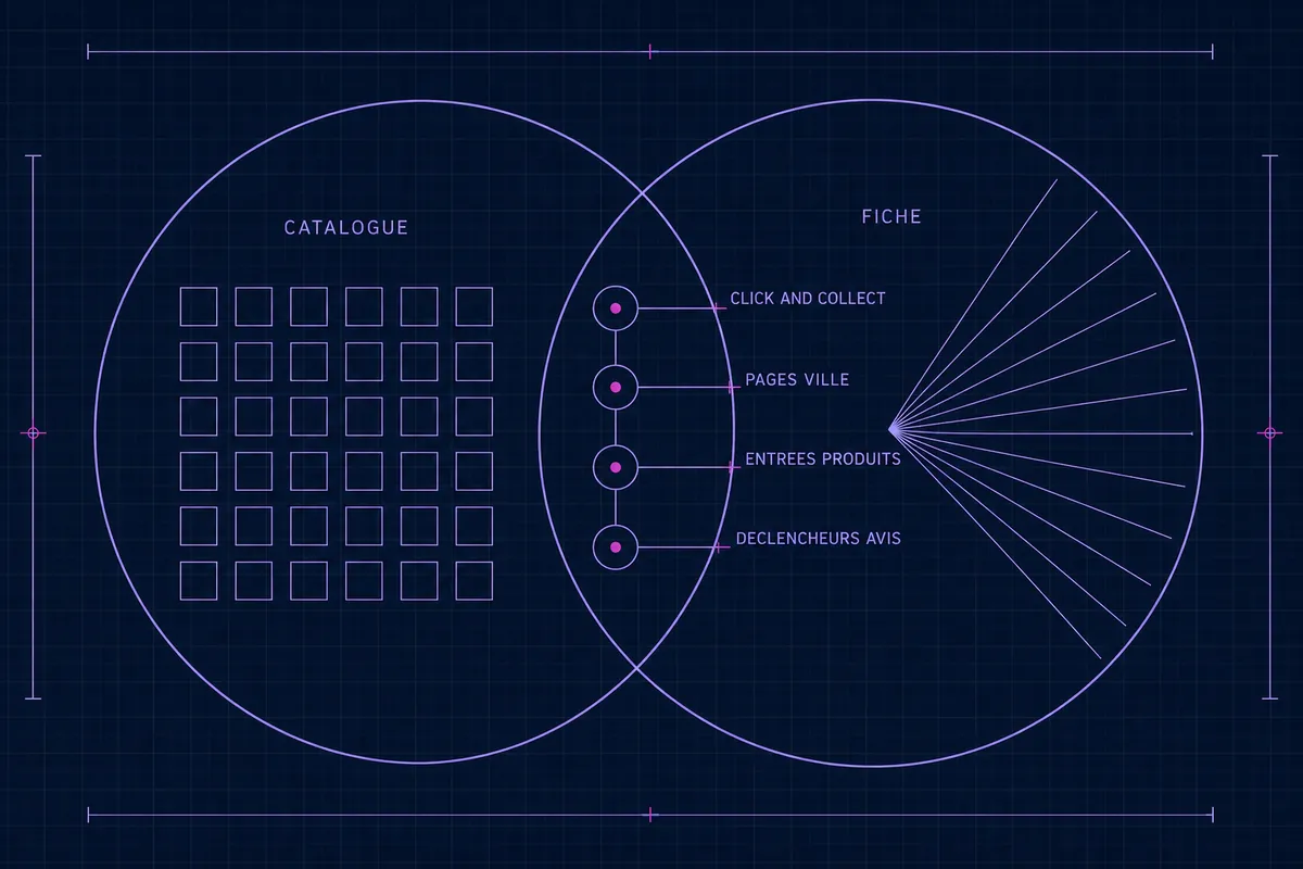 Schéma blueprint d’un cercle catalogue et d’un cercle fiche qui se recouvrent sur quatre nœuds reliés : click and collect, pages ville, entrées produits et déclencheurs d’avis.