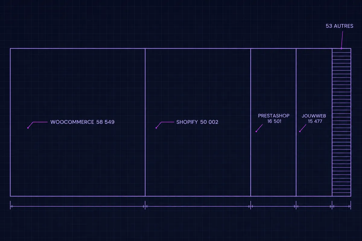 Schéma technique d’un rectangle subdivisé en blocs marqués WOOCOMMERCE 58 549, SHOPIFY 50 002, PRESTASHOP 16 501 et JOUWWEB 15 477, se terminant par une bande étroite de fines lamelles marquée 53 AUTRES