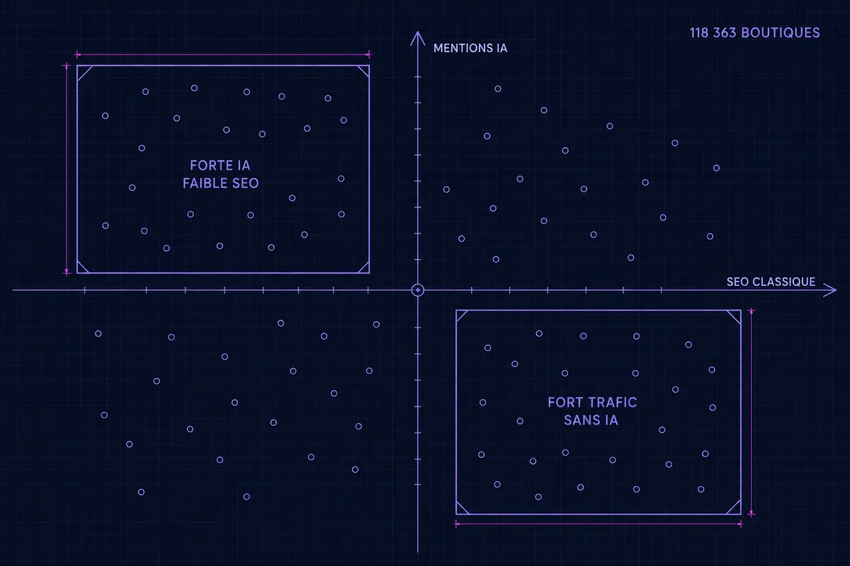 Schéma technique croisant le SEO CLASSIQUE et les MENTIONS IA sur 118 363 BOUTIQUES, les points sans aucun alignement diagonal, avec deux quadrants opposés encadrés : FORTE IA FAIBLE SEO et FORT TRAFIC SANS IA