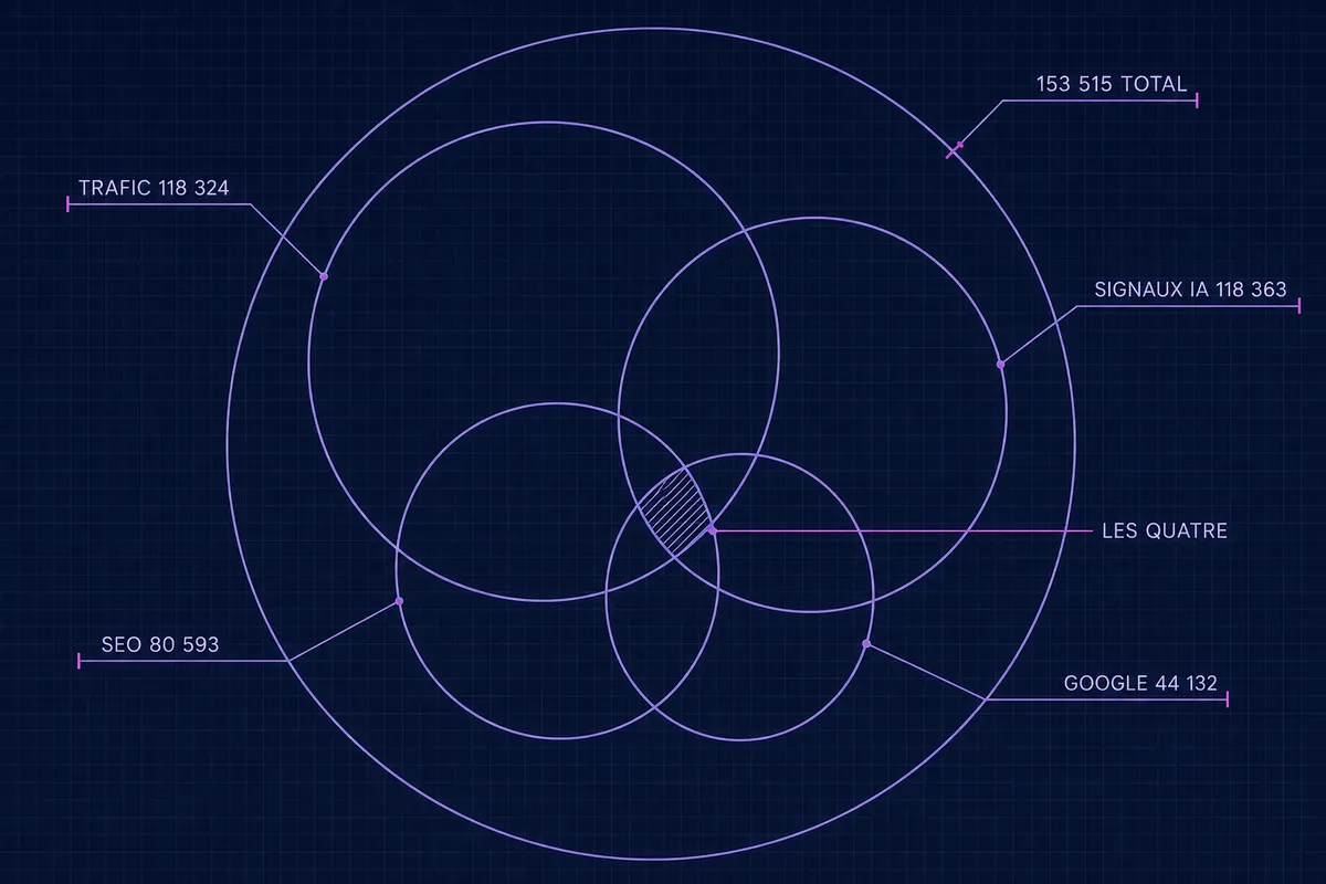 Schéma technique de quatre cercles qui se recoupent, marqués TRAFIC 118 324, SIGNAUX IA 118 363, SEO 80 593 et GOOGLE 44 132, à l’intérieur d’un cercle englobant marqué 153 515 TOTAL, leur centre commun hachuré marqué LES QUATRE