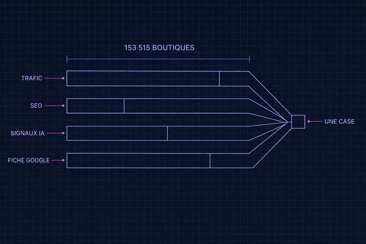 Schéma technique de quatre bandes trouées marquées TRAFIC, SEO, SIGNAUX IA et FICHE GOOGLE, tirées de 153 515 BOUTIQUES et convergeant vers un seul carré marqué UNE CASE.