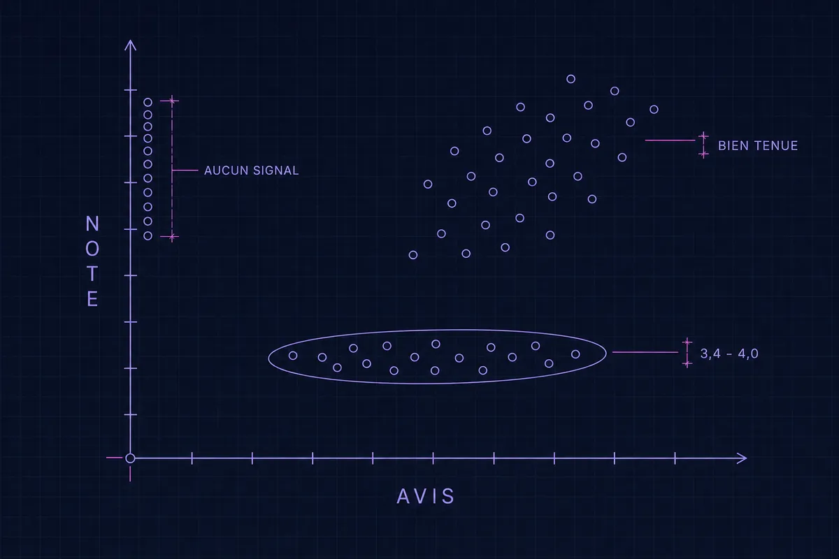 Schéma bleu croisant la note et le volume d’avis : les points collés au bord gauche marqués AUCUN SIGNAL, le nuage en haut à droite marqué BIEN TENUE, et une bande ovale tracée autour de l’amas 3,4 à 4,0.