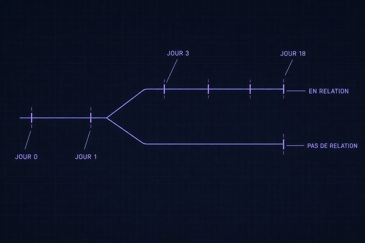 Schéma blueprint d’une timeline à six touches allant de JOUR 0 à JOUR 18, qui se scinde après JOUR 1 en une branche EN RELATION portant quatre touches de plus et une branche PAS DE RELATION plate et vide