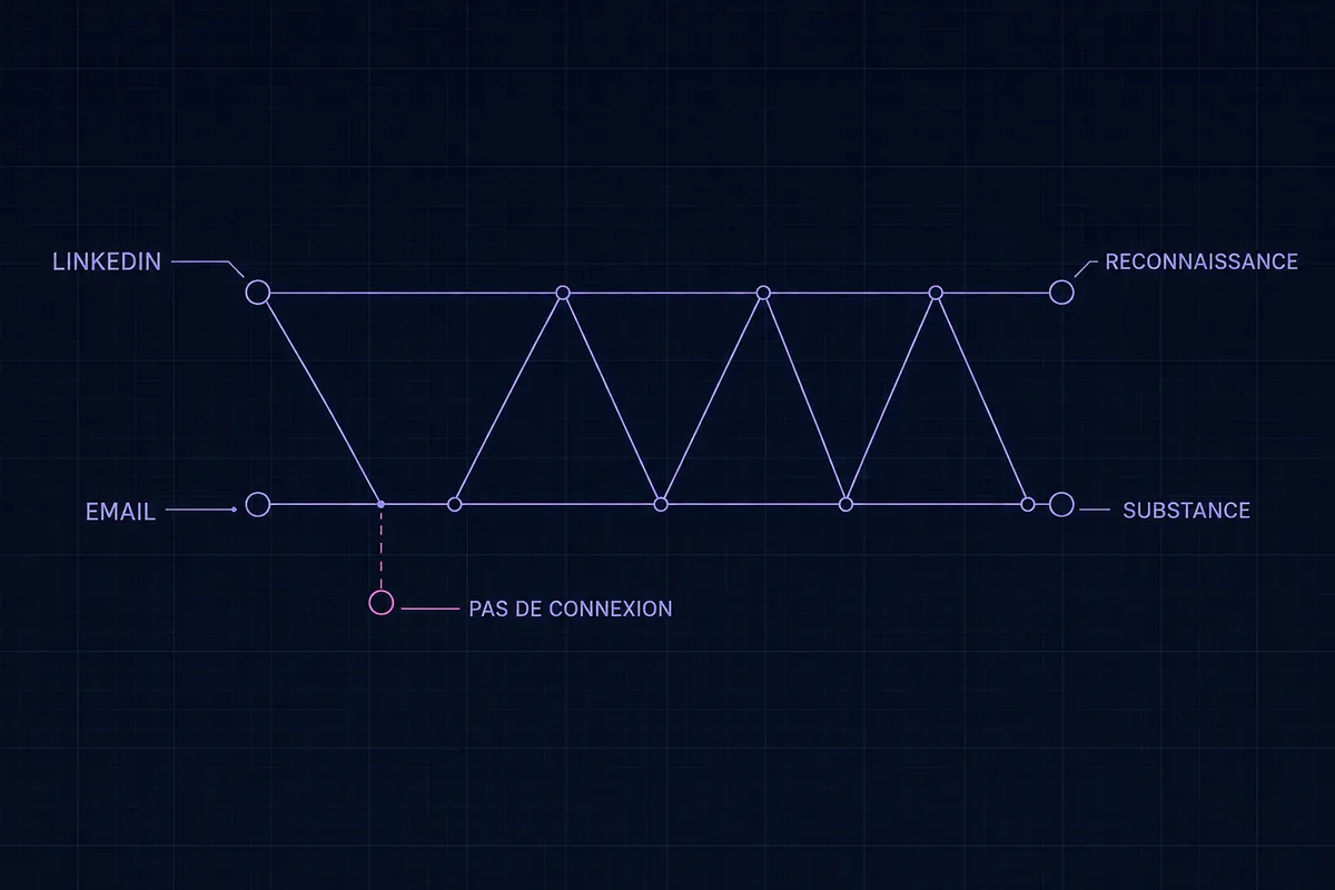 Schéma blueprint de deux voies parallèles légendées LINKEDIN et EMAIL, menant à RECONNAISSANCE et SUBSTANCE, cousues ensemble par une ligne en zigzag, avec une branche qui décroche vers un nœud isolé marqué PAS DE CONNEXION.