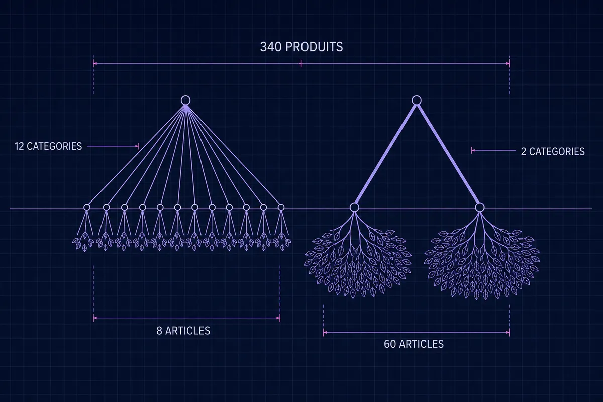 Schéma bleu d’un arbre de catalogue totalisant 340 produits, une moitié se divisant en 12 catégories de 8 articles chacune, l’autre en 2 catégories de 60, avec une seule règle horizontale traversant les deux.