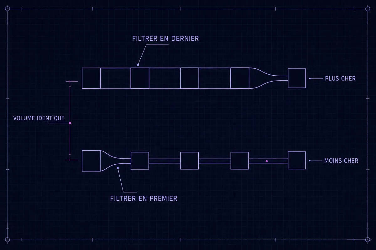 Schéma technique de deux pipelines qui reçoivent un volume identique, celui du haut filtrant à la dernière étape et coûtant plus cher, celui du bas filtrant dès la première