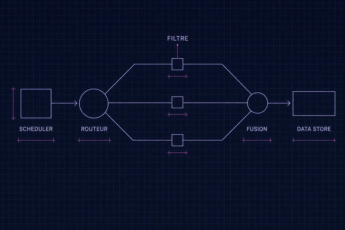 Schéma technique d’un pipeline Make : un scheduler alimentant un routeur qui éclate en trois voies filtrées, une fusion qui les recompose, et un data store à la fin