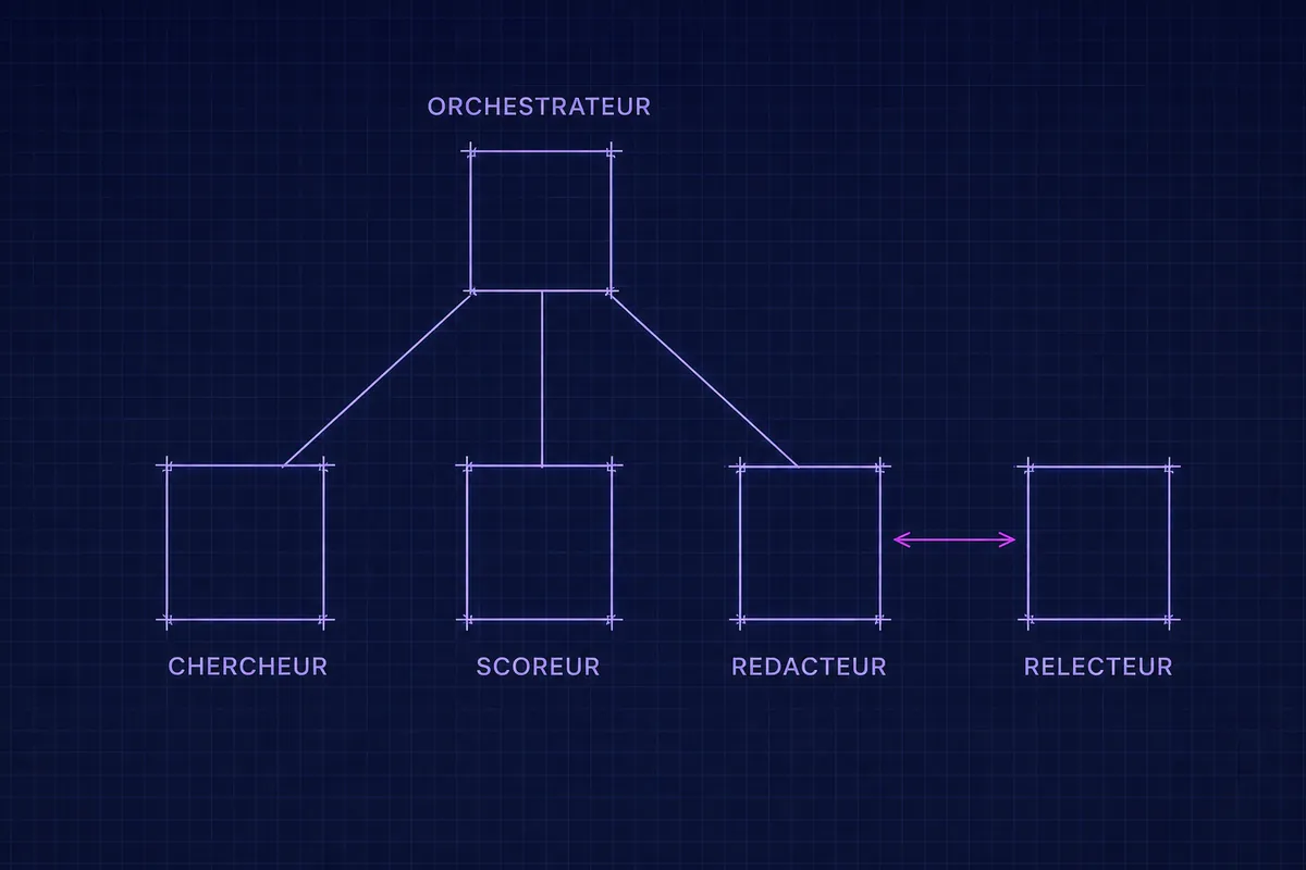 Schéma technique d’un orchestrateur qui délègue à un chercheur, un scoreur et un rédacteur, avec un relecteur mis à part qui échange brouillon et verdict avec le rédacteur