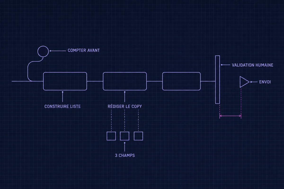 Schéma en plan technique d’un pipeline de prospection : une boucle de comptage préalable, une étape de rédaction adossée à trois champs de données, et une barre de validation humaine dressée avant la flèche d’envoi