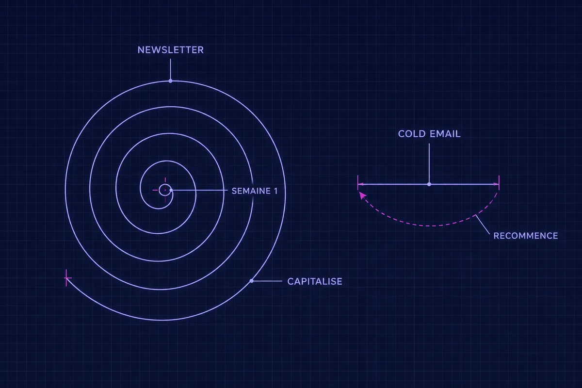 Schéma technique opposant une spirale marquée NEWSLETTER, qui s’élargit depuis SEMAINE 1 et porte la mention CAPITALISE, à un court segment marqué COLD EMAIL qui revient sur son propre point de départ, marqué RECOMMENCE.