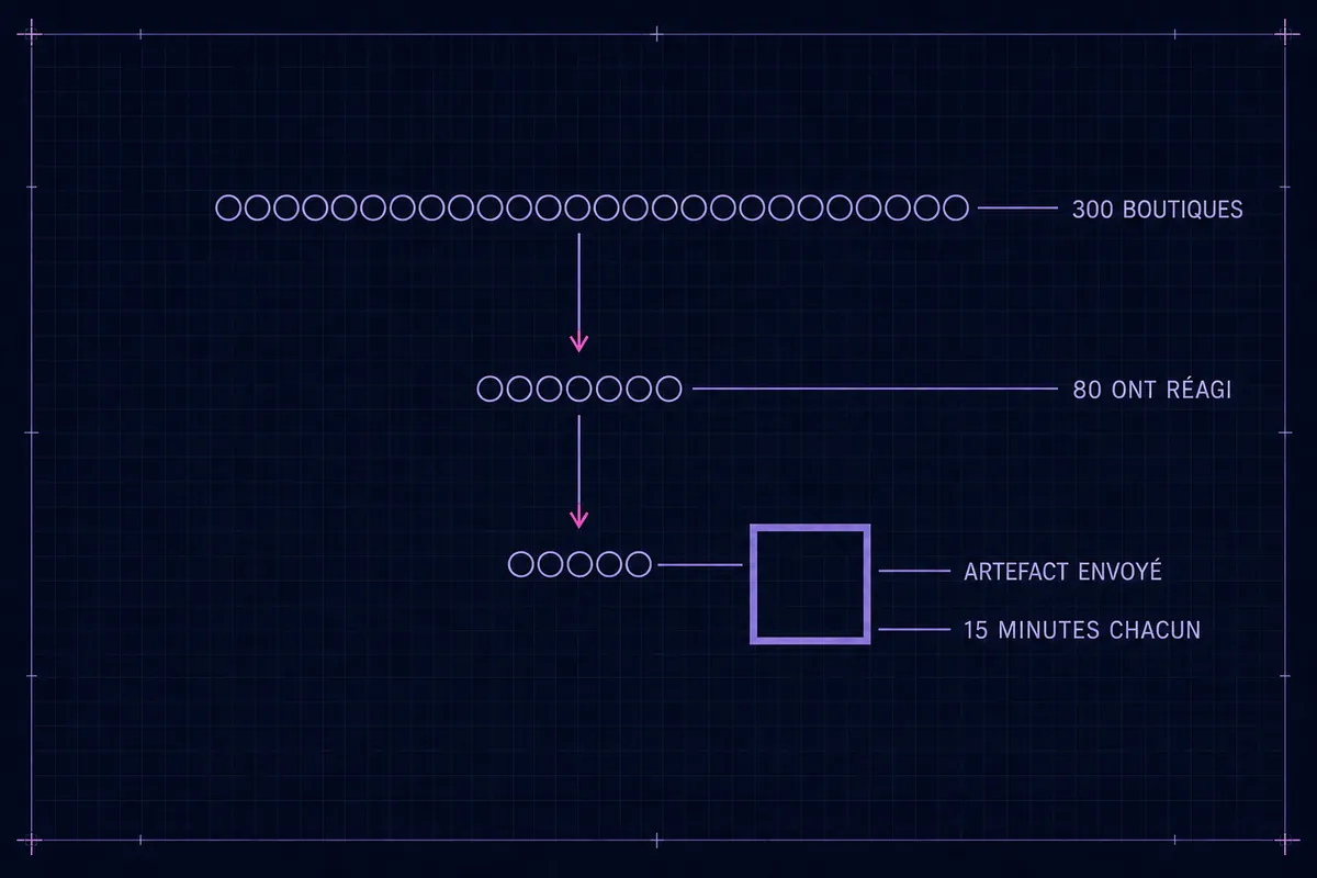 Schéma en blueprint de trois rangées de marques qui rétrécissent — 300 boutiques, puis 80 ont réagi, puis artefact envoyé — avec un carré épais marqué 15 minutes chacun accroché à la rangée la plus courte.