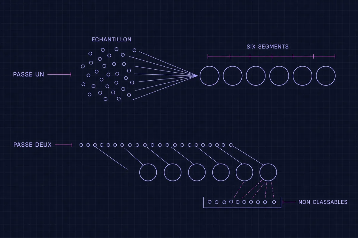 Schéma technique d’une segmentation en deux passes, la première proposant six segments à partir d’un échantillon et la seconde affectant chaque ligne, laissant un tas de non classables