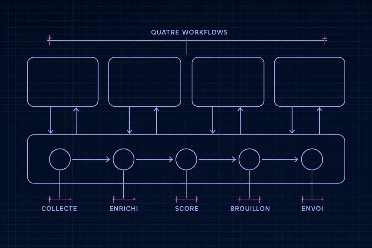 Schéma technique de quatre modules de workflow qui lisent et écrivent dans une table partagée dont les lignes avancent par les états collecte, enrichi, score, brouillon et envoi