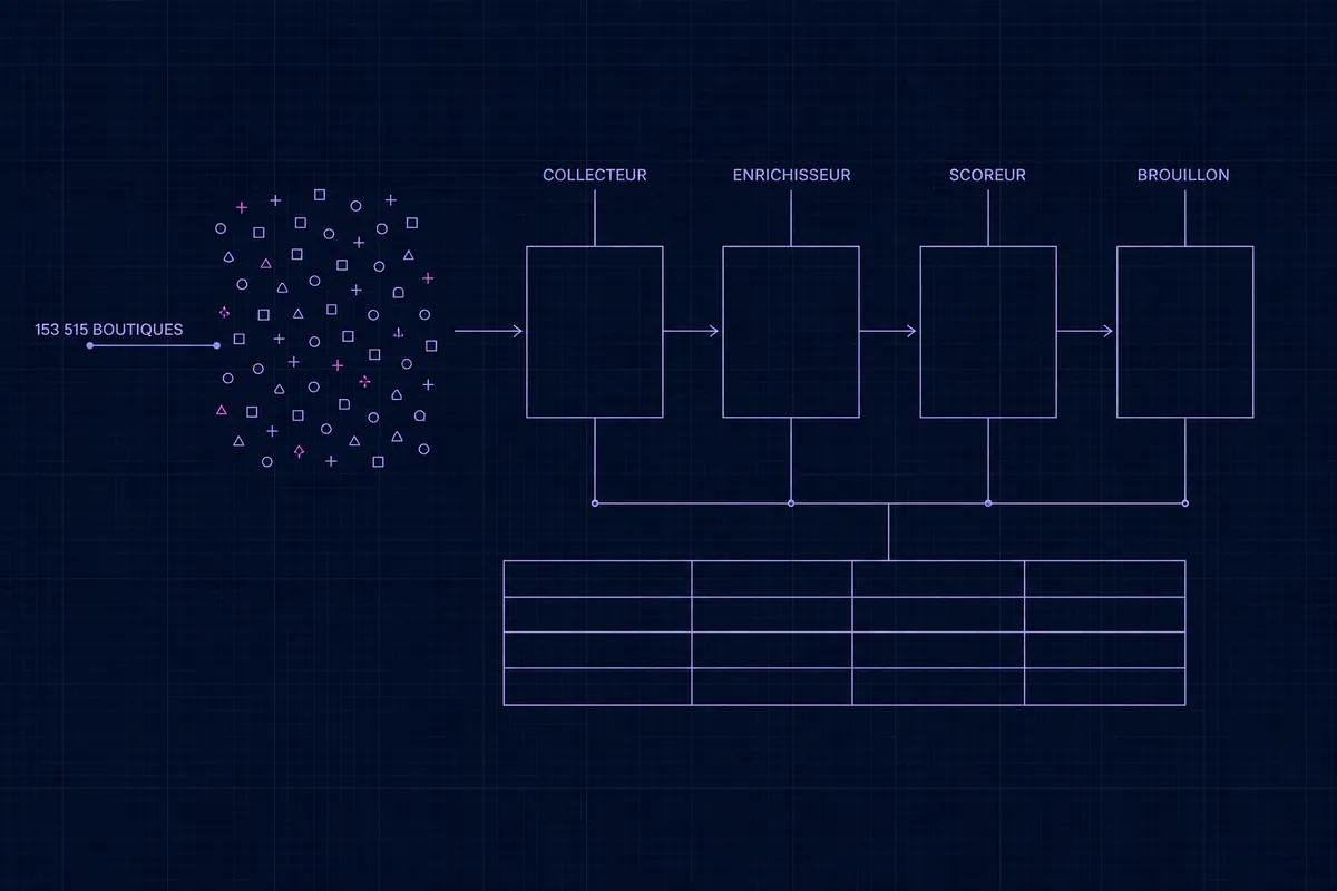 Schéma technique de 153 515 boutiques alimentant quatre blocs de workflow — collecteur, enrichisseur, scoreur et brouillon — chacun relié à une même table partagée en dessous