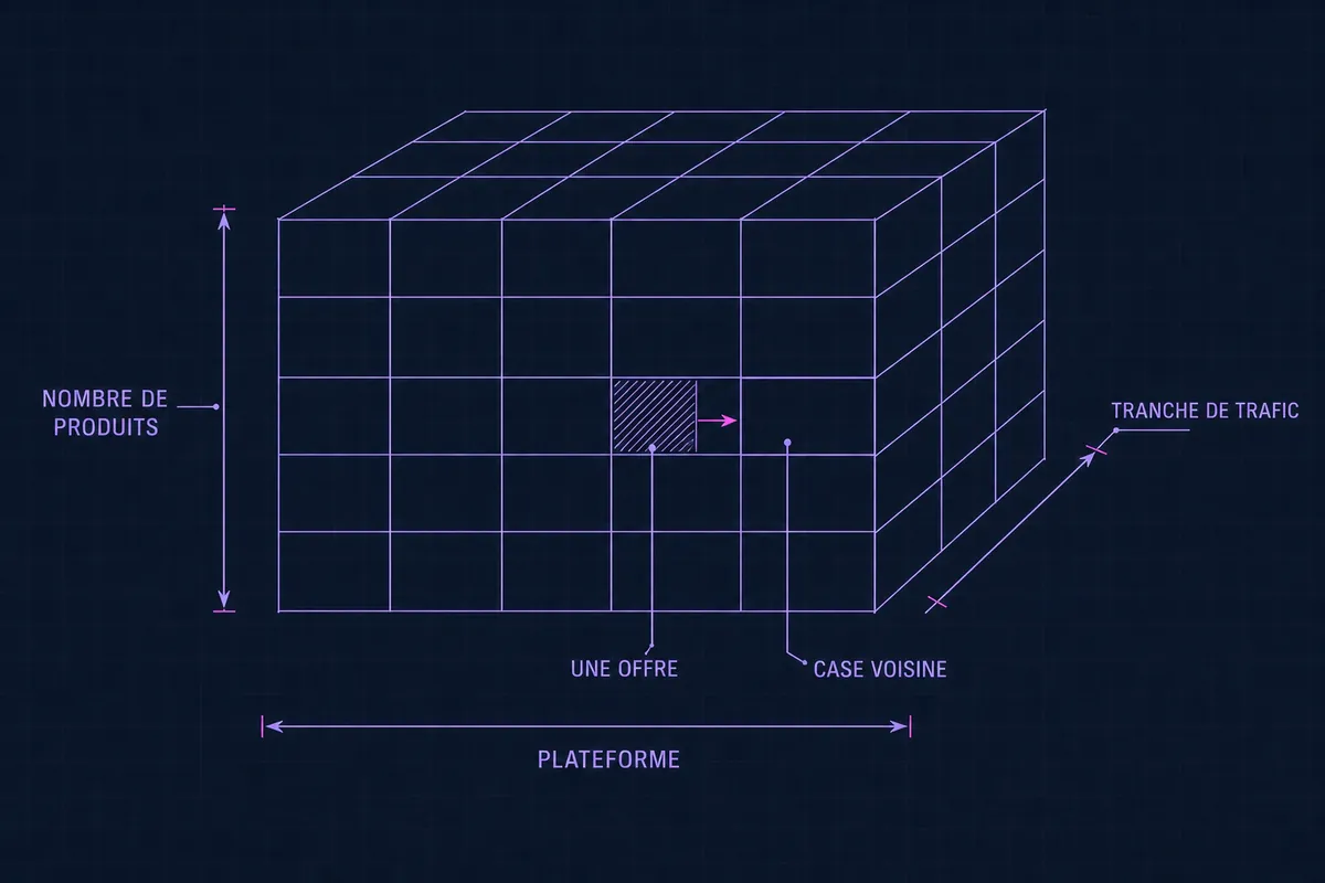 Schéma en blueprint d’une grille à trois axes — plateforme, nombre de produits, tranche de trafic — avec une case hachurée marquée une offre et une courte flèche vers la case voisine.