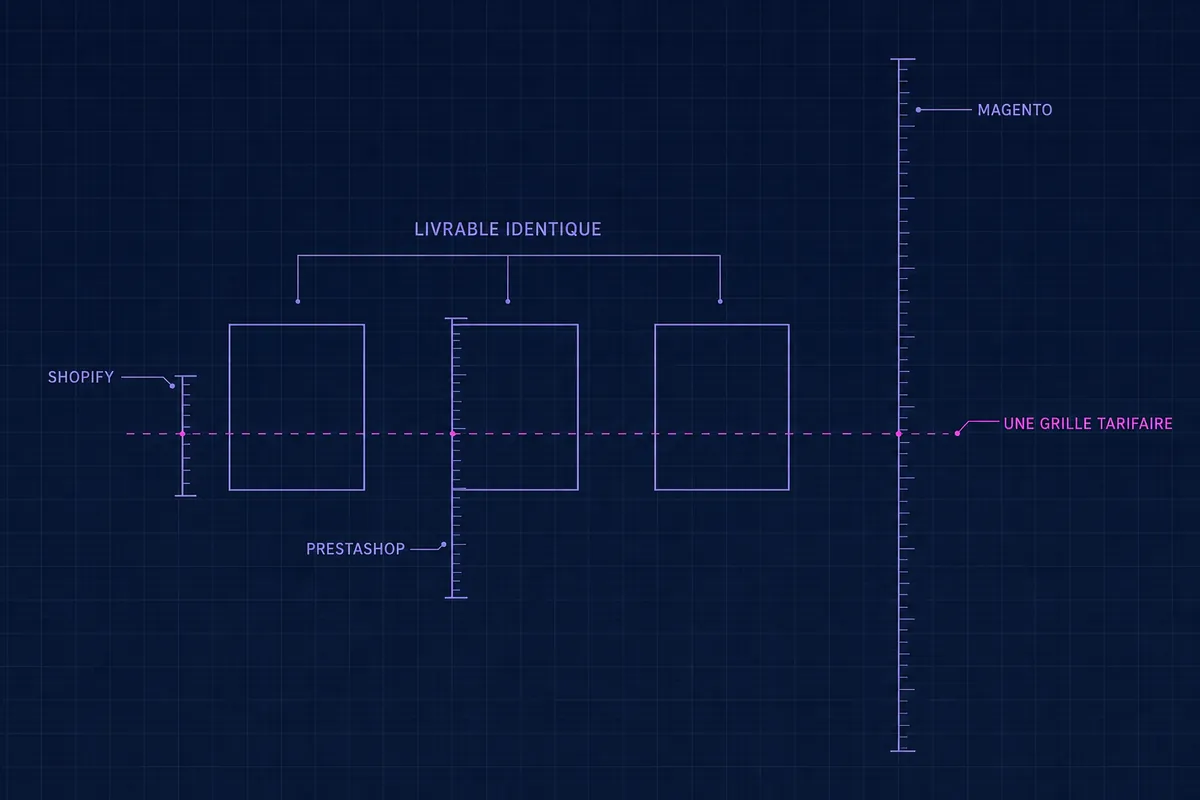 Schéma en blueprint de trois livrables identiques mesurés contre des règles graduées Shopify, PrestaShop et Magento de hauteurs très différentes, toutes traversées par une seule ligne pointillée marquée une grille tarifaire.