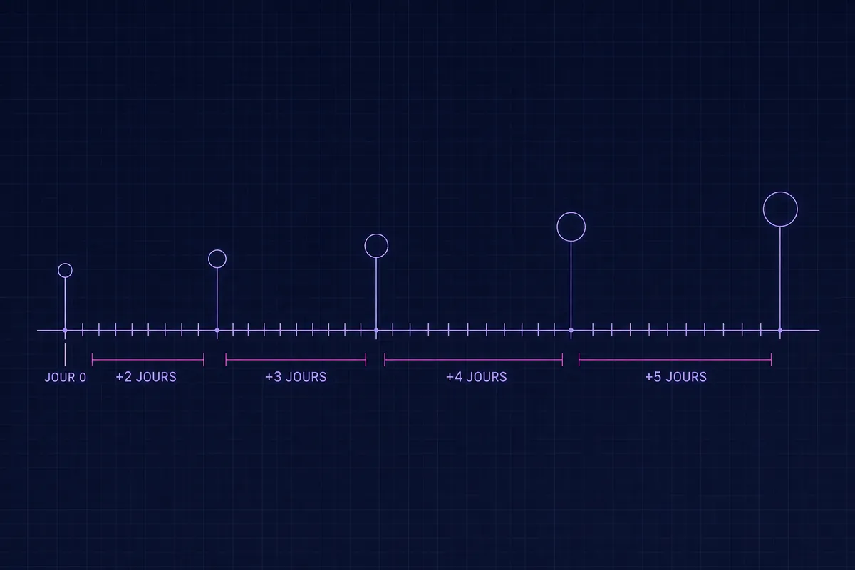 Schéma blueprint de cinq touches sur un axe, marquées jour 0, +2 jours, +3 jours, +4 jours et +5 jours, les intervalles s’élargissant de gauche à droite.