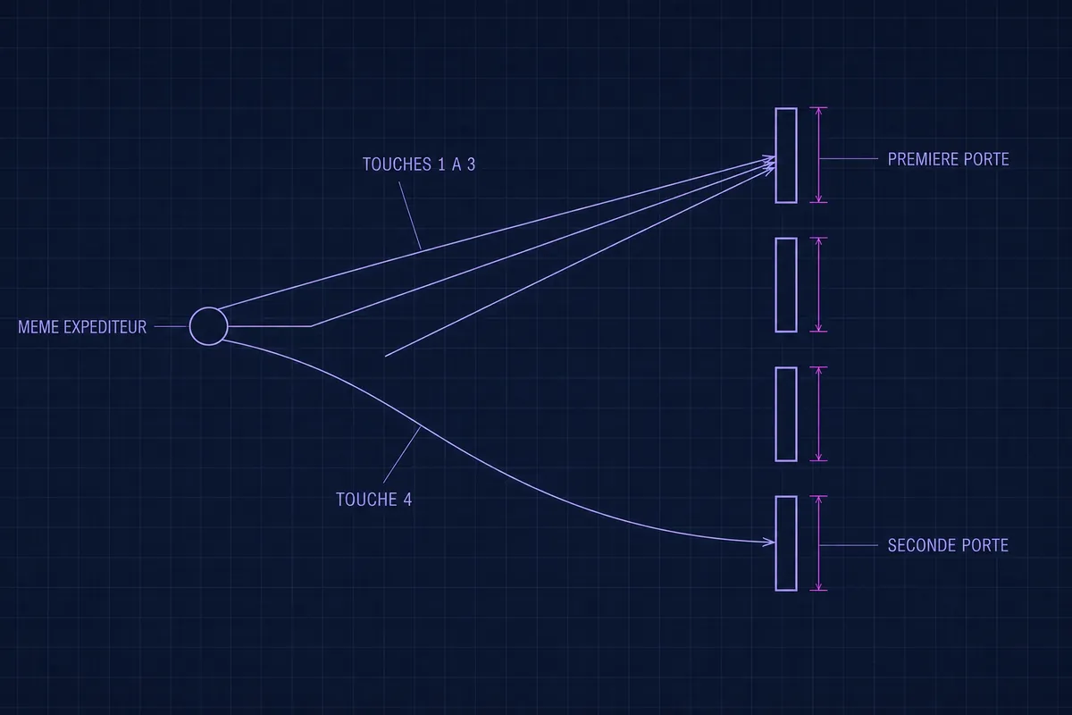 Schéma blueprint des touches 1 à 3 qui convergent vers une première porte pendant que la touche 4 s’écarte vers une seconde porte, toutes du même expéditeur.