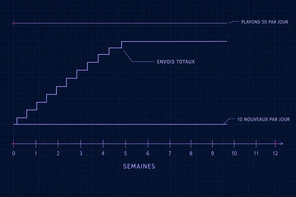 Schéma blueprint d’une ligne plate de 10 nouveaux prospects par jour sous une courbe d’envois totaux qui monte par paliers, semaine après semaine, vers un plafond de 50 par jour.