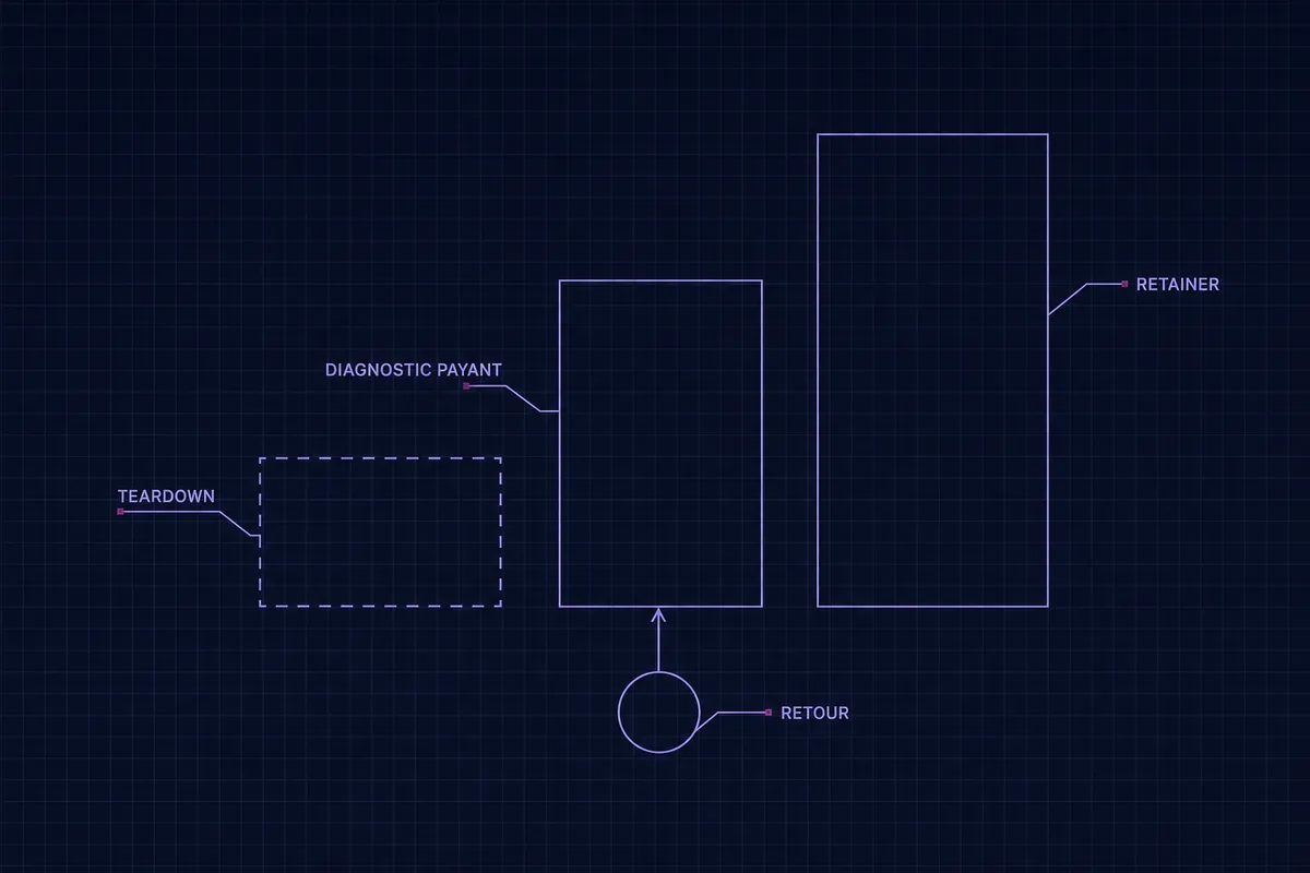 Schéma blueprint de trois rectangles ascendants — un TEARDOWN en pointillés, puis DIAGNOSTIC PAYANT, puis RETAINER — avec un petit cercle marqué RETOUR qui alimente une flèche vers le deuxième
