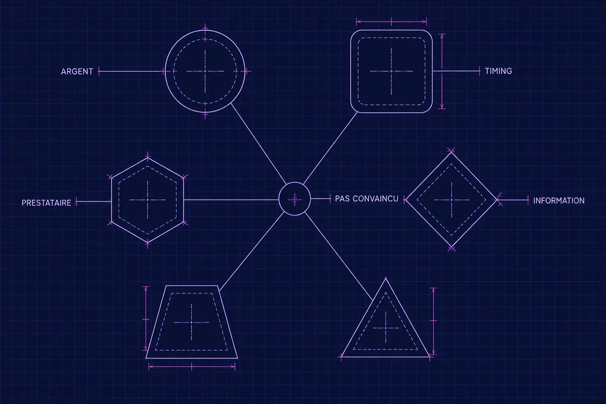Schéma blueprint de formes d’objections en périphérie — argent, timing, prestataire, information — reliées par des lignes à un cercle central marqué pas convaincu.
