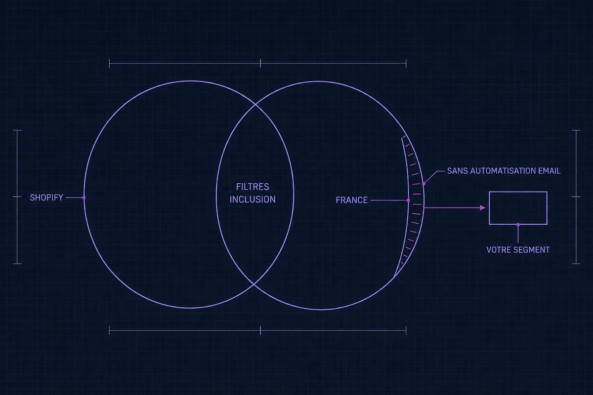 Schéma en blueprint d’un cercle Shopify chevauchant un cercle France, leur lentille commune marquée filtres d’inclusion, avec un croissant hachuré marqué sans automatisation email relié à un rectangle marqué votre segment.
