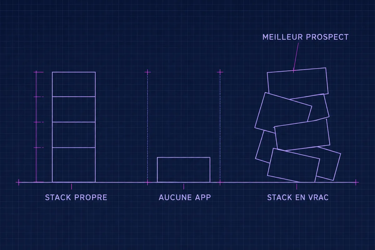 Schéma blueprint de trois stacks d’apps : une STACK PROPRE bien alignée, un bloc isolé marqué AUCUNE APP, et un tas désordonné marqué STACK EN VRAC et MEILLEUR PROSPECT