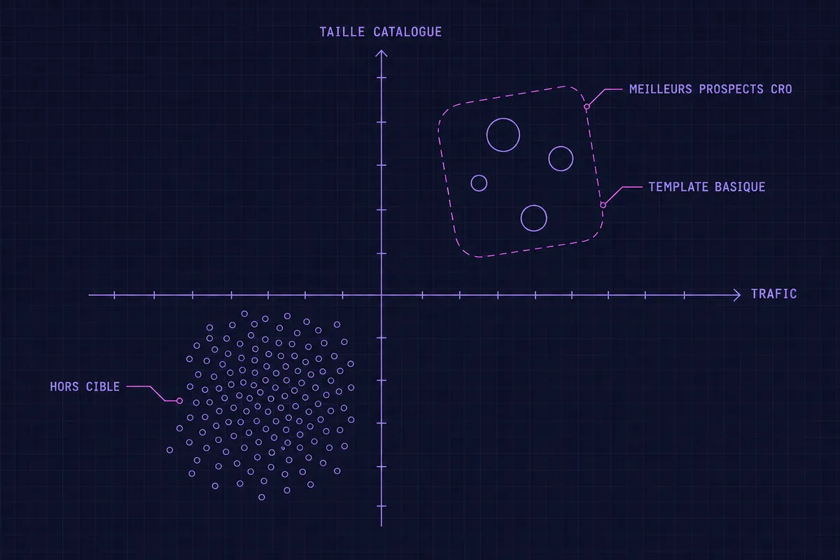 Schéma blueprint d’un nuage de points TAILLE CATALOGUE contre TRAFIC, encombré dans le coin HORS CIBLE et ne tenant que quelques grosses marques signalées TEMPLATE BASIQUE dans un contour en pointillés marqué MEILLEURS PROSPECTS CRO