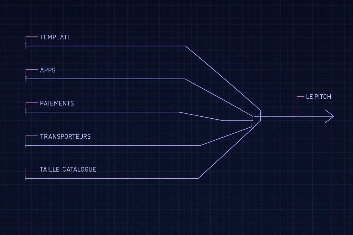 Schéma blueprint de cinq signaux détectables — TEMPLATE, APPS, PAIEMENTS, TRANSPORTEURS et TAILLE CATALOGUE — qui convergent dans un entonnoir vers une flèche unique marquée LE PITCH.