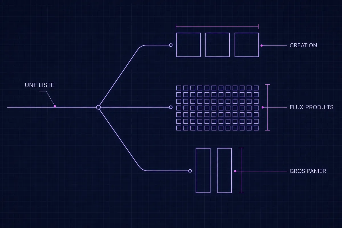 Schéma blueprint d’une liste unique qui se ramifie en trois formes de catalogue : création, flux produits et gros panier.