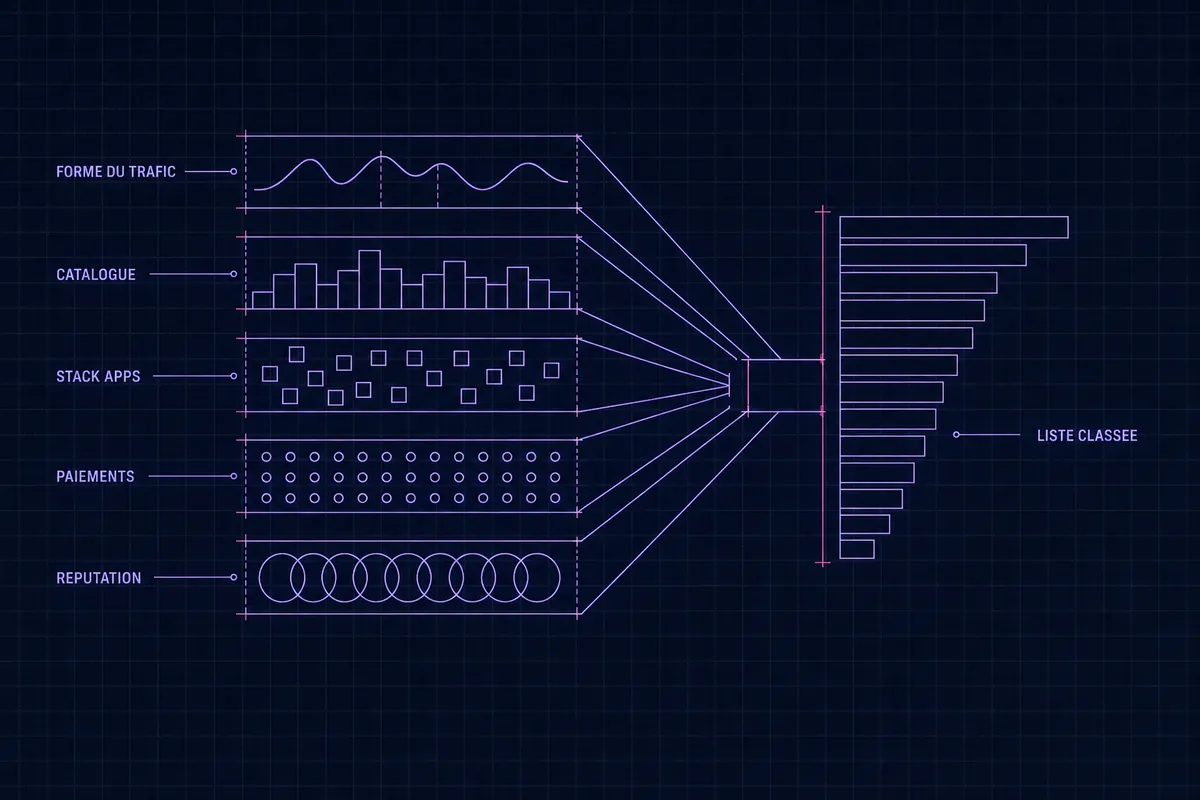 Schéma blueprint de cinq couloirs de signaux — forme du trafic, catalogue, stack apps, paiements, réputation — qui convergent vers une liste classée.