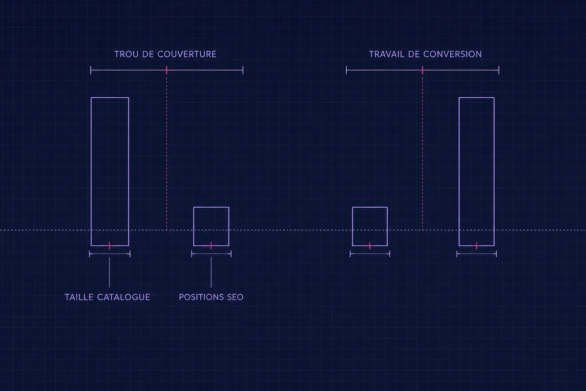 Schéma blueprint de deux paires de barres aux proportions inversées sur une même ligne médiane pointillée, TAILLE CATALOGUE contre POSITIONS SEO, la paire de gauche marquée TROU DE COUVERTURE et celle de droite TRAVAIL DE CONVERSION