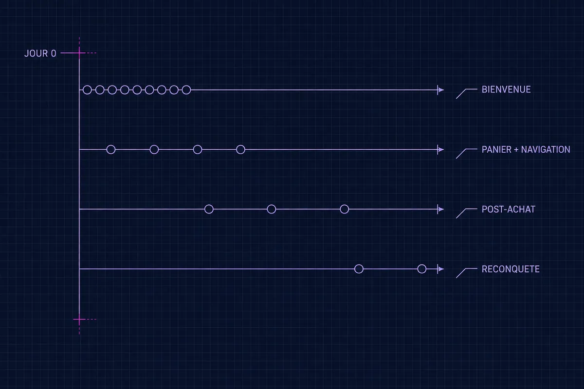 Schéma blueprint de quatre chronologies de flows empilées — bienvenue, panier plus navigation, post-achat et reconquête — dont les marques s’écartent de plus en plus depuis le jour 0.